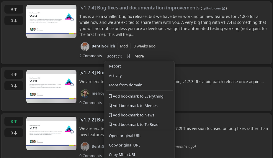 A screenshot of a thread, with the more menu displayed. There are 4 bookmark lists