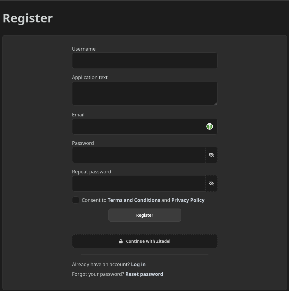 the register page with the new input "Application Text"