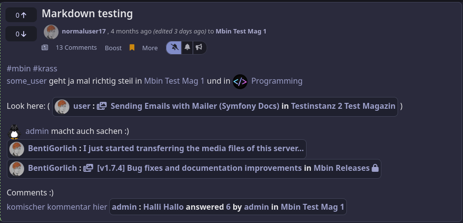 screenshot of the same markdown testing post as in v1.8.0 but with the new rendering